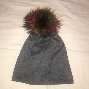 Grey Beenie with rainbow fur Pom Pom